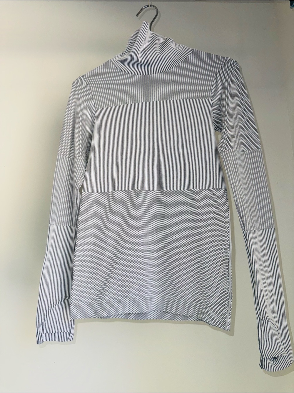 Athleta White and Navy Striped Lightweight Turtleneck Sweater